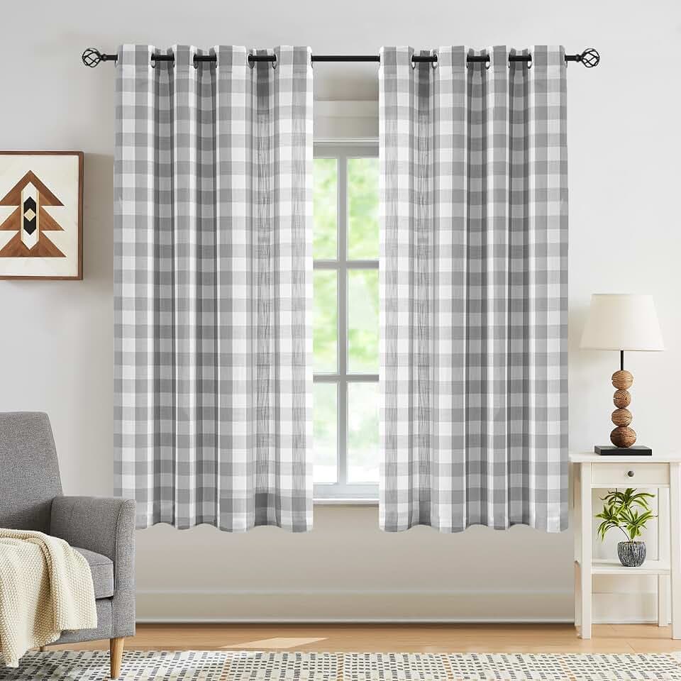 Jubilantex Grey White Buffalo Check Semi Sheer Curtain Panels Gingham Plaid Textured Curtains Drapery,Farmhouse Grommet Window Drapes for Living Room Bedroom Kids Room,2 Panels,40"x54"