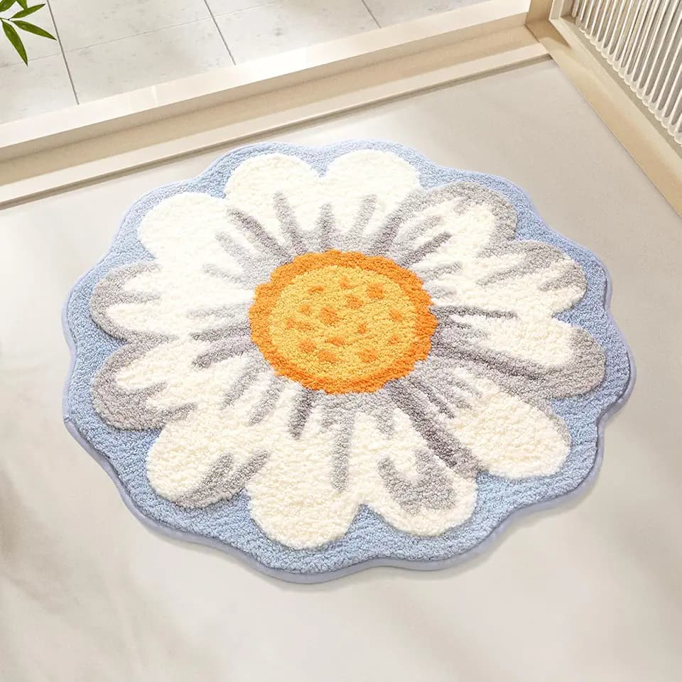 Bathroom Rug Mat, Cute Round Flower Bath Mat with Soft and Non-Slip, Absorbent Microfiber Bath Rugs, Machine Washable Bath Rug Carpet for Toilet Bathtub Kitchen 26x26 Inch (Daisy)