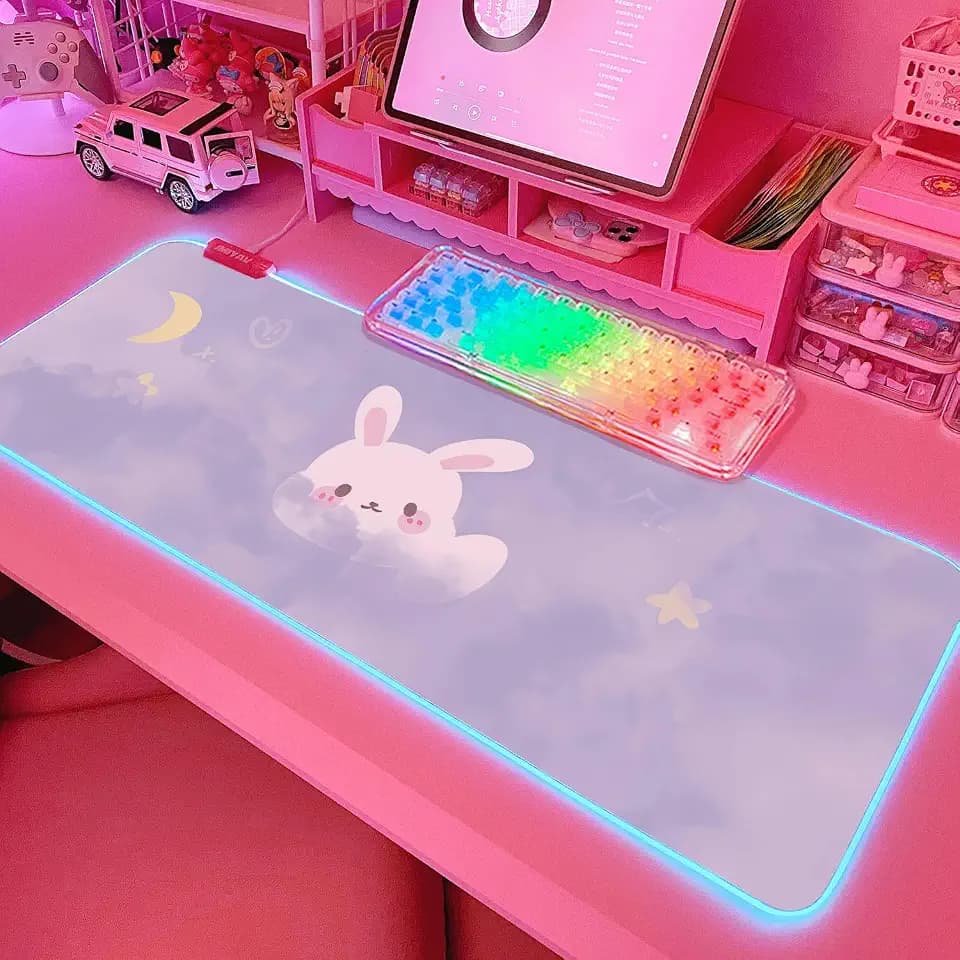 JMIYAV Pink RGB Gaming Mouse Pad Kawaii Mouse Mat 31.5x12 Inch PC XL Large Extended Glowing Led Light Up Desk Pad Non-Slip Rubber Base Computer Cute Desk Accessories Gaming Setup Purple Moon Bunny