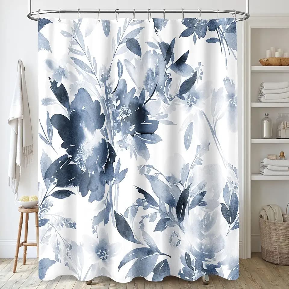 MAYZUS Navy Blue Floral Shower Curtains for Bathroom, 72x72 Blue White
