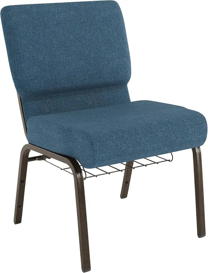 Flash Furniture HERCULES Series 21''W Church Chair in Blue Fabric with Cup Book Rack - Gold Vein Frame