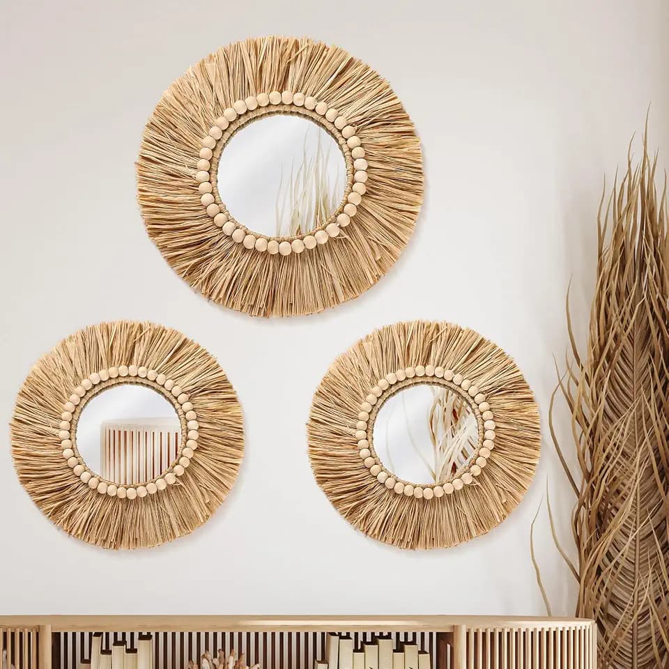 3 Pcs Boho Raffia Round Mirror Wall Hanging Decor with Wood Bead