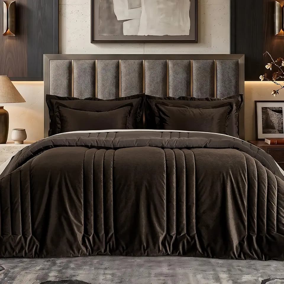 MUSSEL Luxury Brown Velvet California King Size Bed Comforter Set 3 Pieces