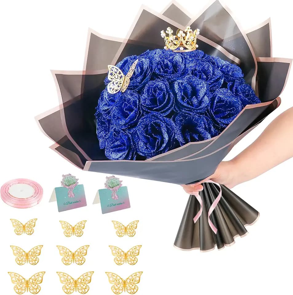 Complete Floral DIY Kit 24 Pcs Glitter Roses Bouquet Making Set with 12 Butterflies, Wrapping Paper, Cards, Ribbon & Crown Eternal Handmade Gift for Birthday, Anniversary, Mother's Day, Wedding (Blue)