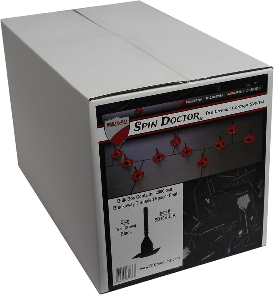 RTC Spin Doctor 2000 Piece 3 Millimeter 1/8 Inch Floor Install Tile Spacing System Breakaway Threaded Spacer Post Box, Plastic, Black, (Bases Only)