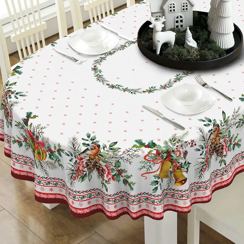 Christmas Tablecloth Holly Christmas Table Cloth, Washable Table Cover for Xmas Holiday, Dining, Party Decor - 54" X 72" Oval