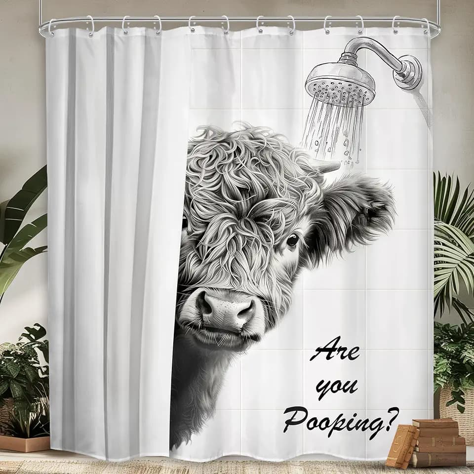 Highland Cow Black White West Animal Farmhouse Bathroom Shower Curtain Set