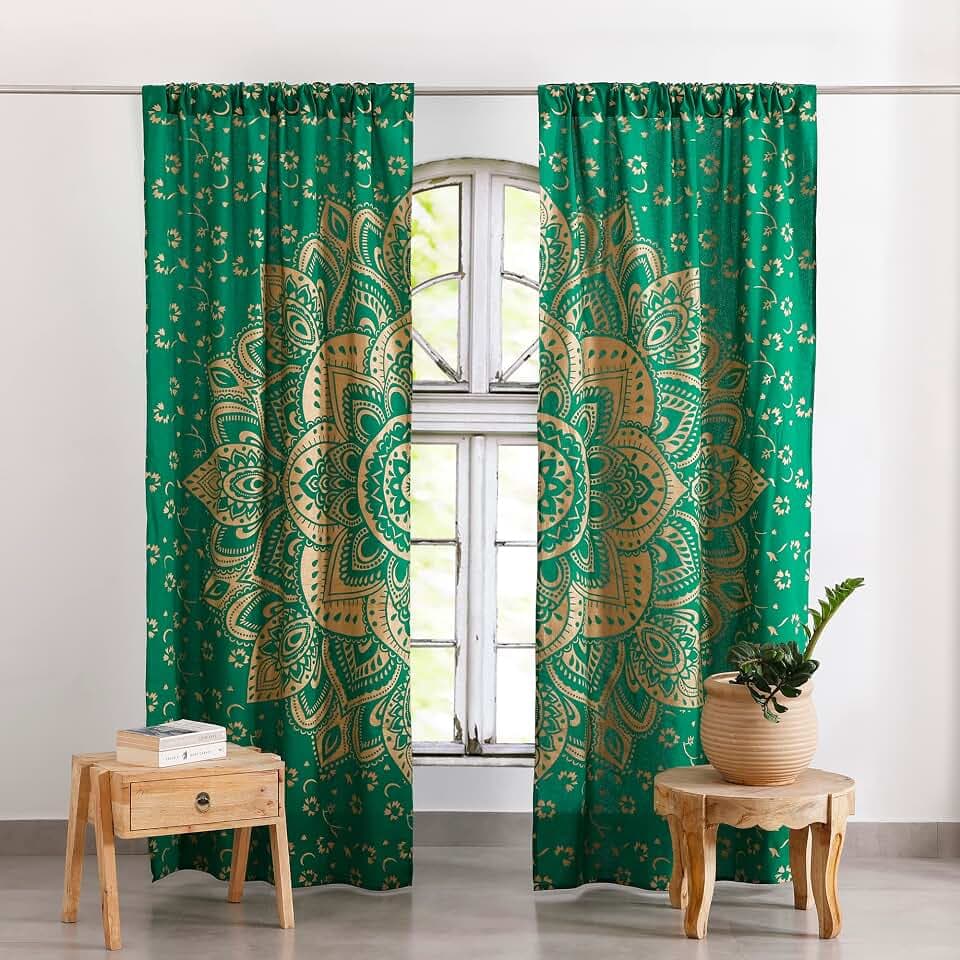 Popular Handicrafts Printed Curtains for Living Room Set of 2 Indian Hippie Bohemian Beautiful Ombre Color Mandala Curtain for Bedroom Panels Green Gold 25 x 74 Inches