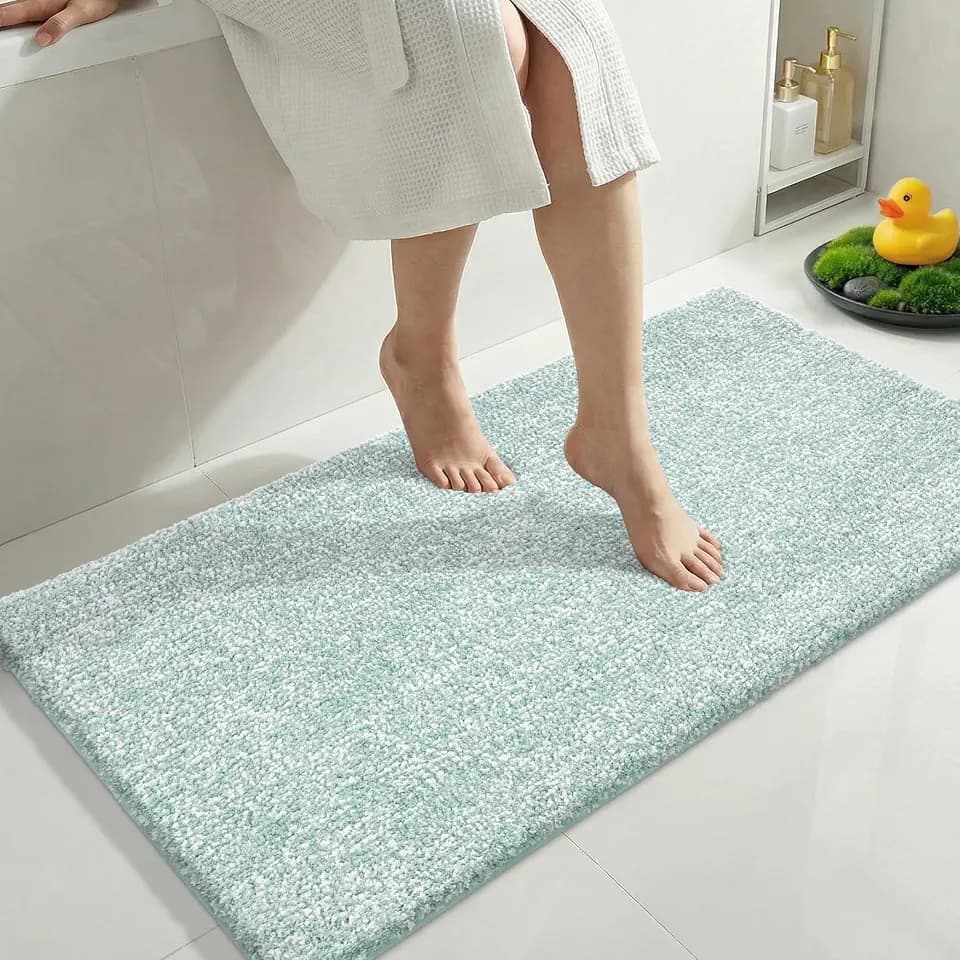 Yimobra Non Slip Machine Washable Bathroom Rug 44x24 Light Blue and White