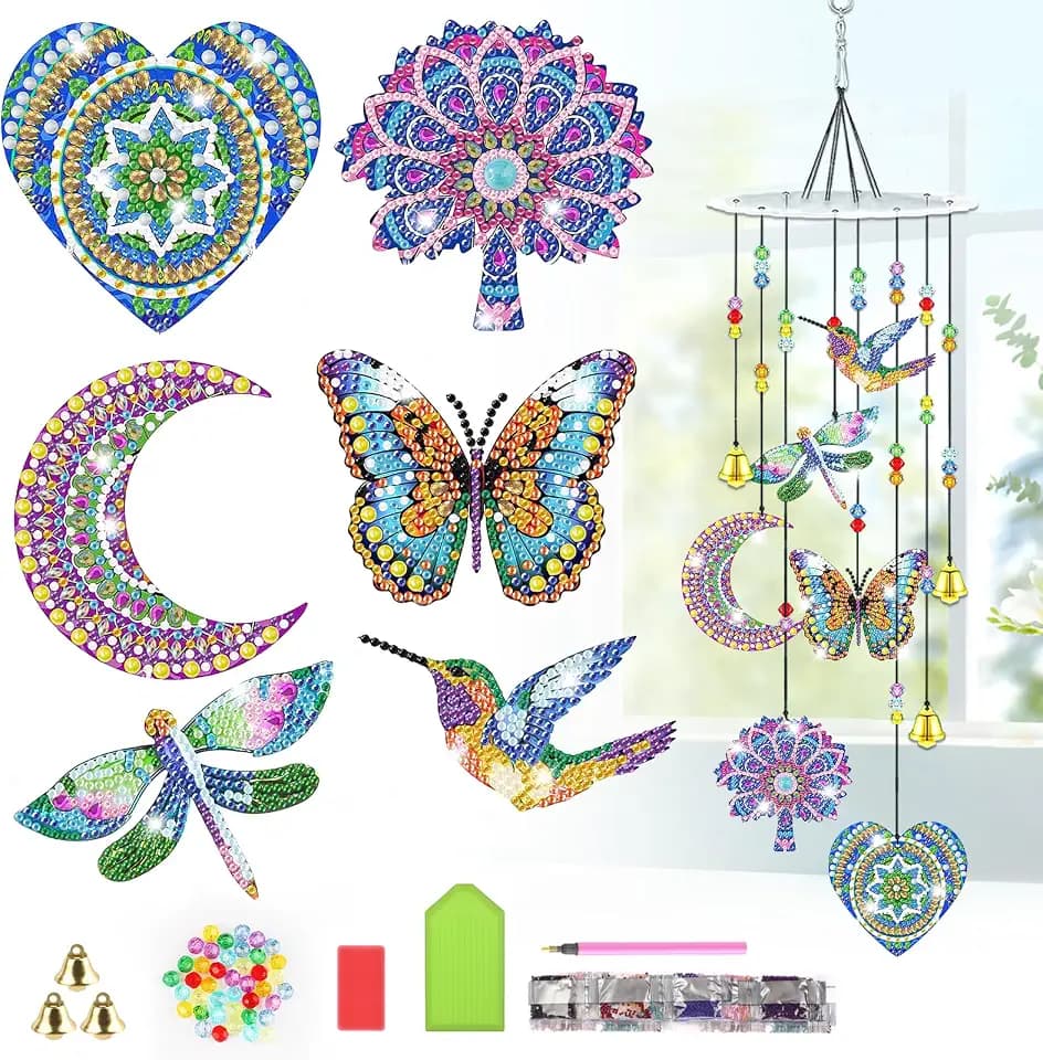 Bowetile 5D Diamond Art Kits for Adults, Mandala Diamond Art Wind Chimes, Diamond Painting DIY Wind Chime Suncatchers Kit, Crystal Gem Pendant Hanging Ornament Christmas Gift for Women Home Decor