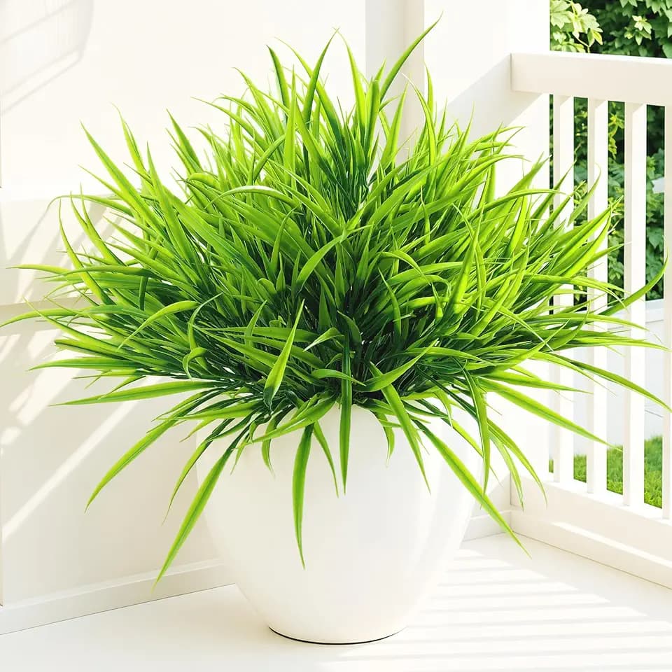 Uieke 12 Bundles Artificial Outdoor Plants UV Resistant Fake Grass Plants Faux Plastic Plants Greenery Shrubs for Home Garden Pathway Window Box Front Porch Spring Summer Decor, Green