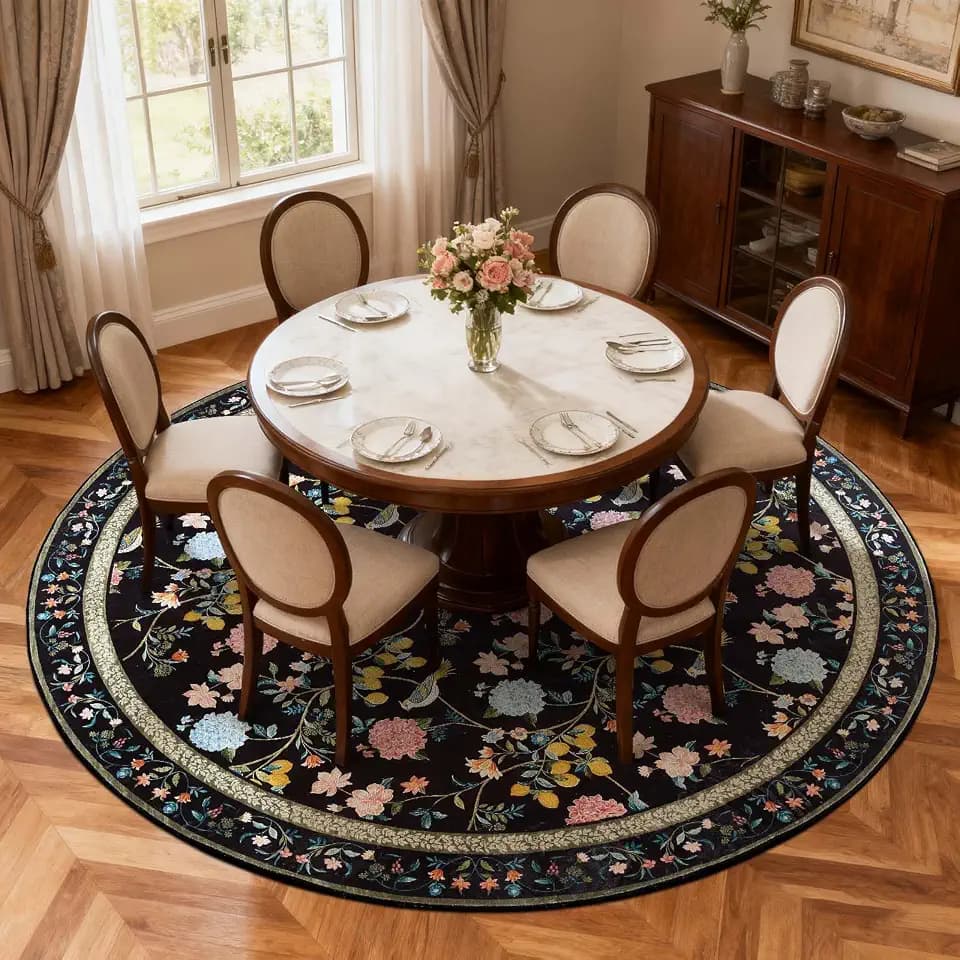 JINCHAN 8ft Round Rug, Washable Floral Rug Non Slip Soft, Black