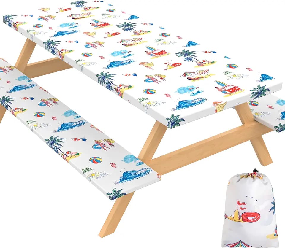 Fitted Picnic Table Cover w/Bench Covers, 6ft, White Beach