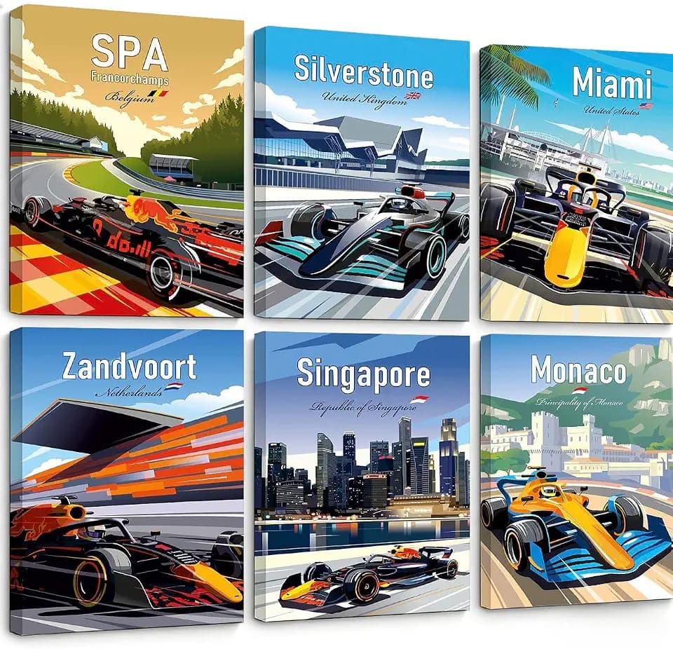6pcs Super Car Wall Art Prints,Racing Car Posters for Boys Bedroom,Vintage Race Car Artwork Pictures,Modern Sports Car Formula Grand Prix Silverstone Race Car Posters for Men Bedroom Decor Boys Room Decor,Home Office Decor,8"x10"inches,Framed