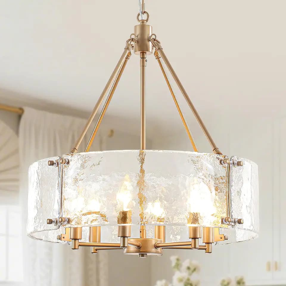 Gold Glass Chandelier for Dining Room Light Fixture, 19.69" Modern Drum Chandelier Textured Crystal Light Fixture for Kitchen Island Living Room Bedroom Foyer