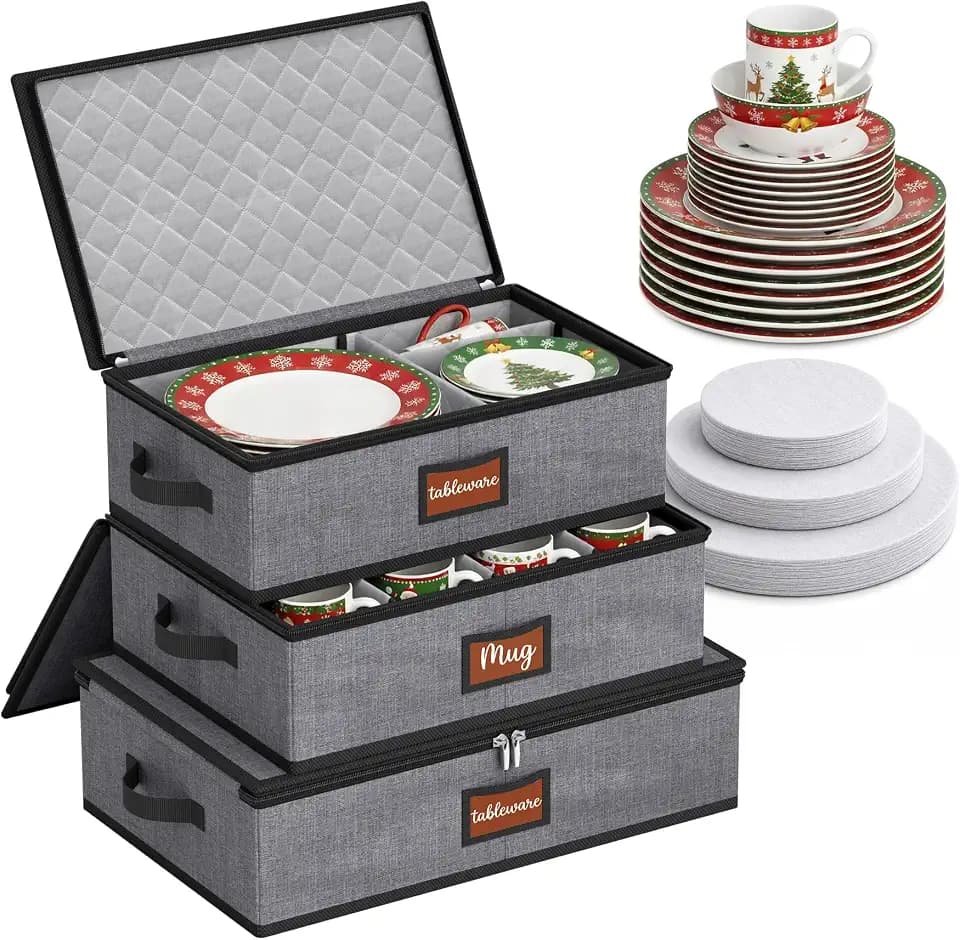 MISSLO Large Capacity China Storage Containers Hard Shell Plate Storage Containers, Kitchen Packing Moving Boxes for Dishes, Dinnerwares, Mugs Protectors, Grey, 3 Piece Set