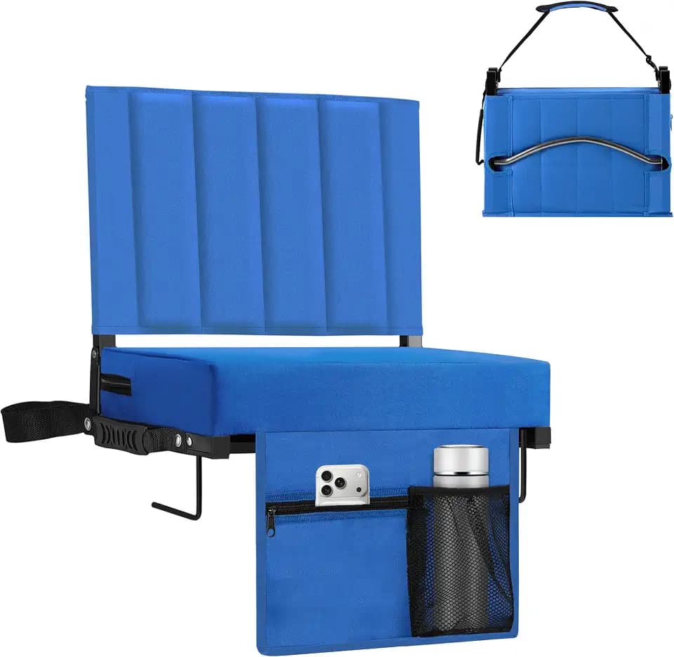 Stadium Seat for Bleachers with Back Support, Portable Bleacher Seat with Wide Comfy Padded Cushion, Metal Hook, Folding Stadium Chair with Shoulder Strap, Carry Handle, Cup Holder, Blue