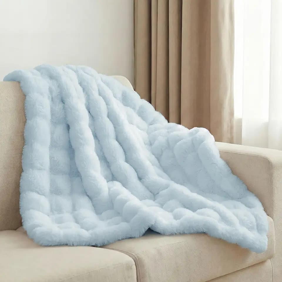 Leximan Cozy Faux Fur Throw Blanket for Couch, Reversible Plush Fluffy Decorative Bubble Throw for Sofa and Living Room, Soft Lap Blanket for Bed, Dog & Cat (Light Blue, 40''x50'')