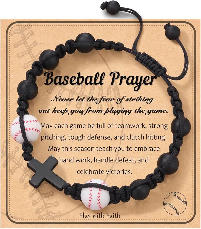 HGDEER Baseball Basketball Football Soccer Volleyball Gifts, Natural Stone Baseball Cross Bracelets for Teen Ideas with Message Gift Card
