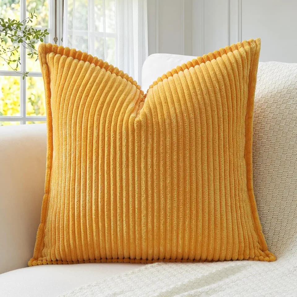 OTOSTAR Mustard Yellow Corduroy Decorative Throw Pillow Covers 24x24 Inch, Soft Boho Striped Lumbar Couch Pillow Covers with Stitched Edge Farmhouse Home Decor for Sofa Bed Living Room, Set of 1
