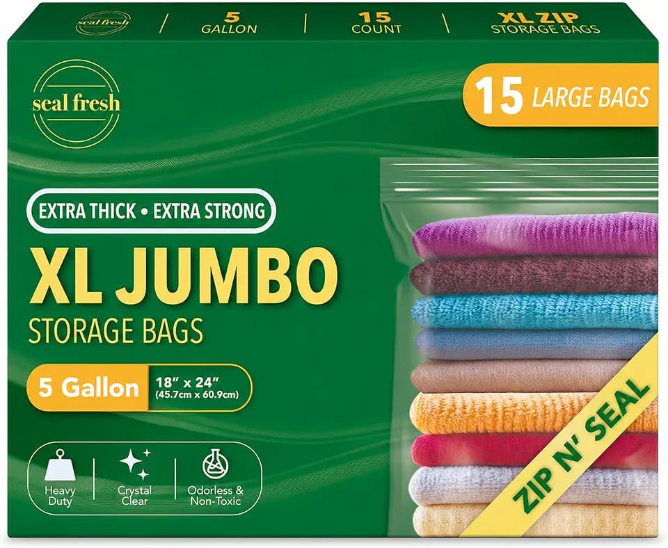 Seal Fresh 5 Gallon Large Plastic Storage Bags - 18 x 24 Inch (15 Count) - Reusable Write-On XXL Extra Large Big Oversized Clear Jumbo Zip Top Bags with Sealable Zipper for Clothes, Travel, Moving