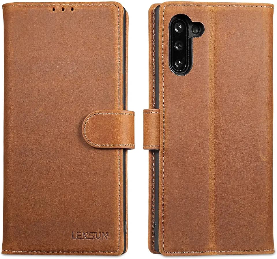 LENSUN Hülle für Samsung Galaxy Note 10 Echtleder Klapphülle, Vintage Braun