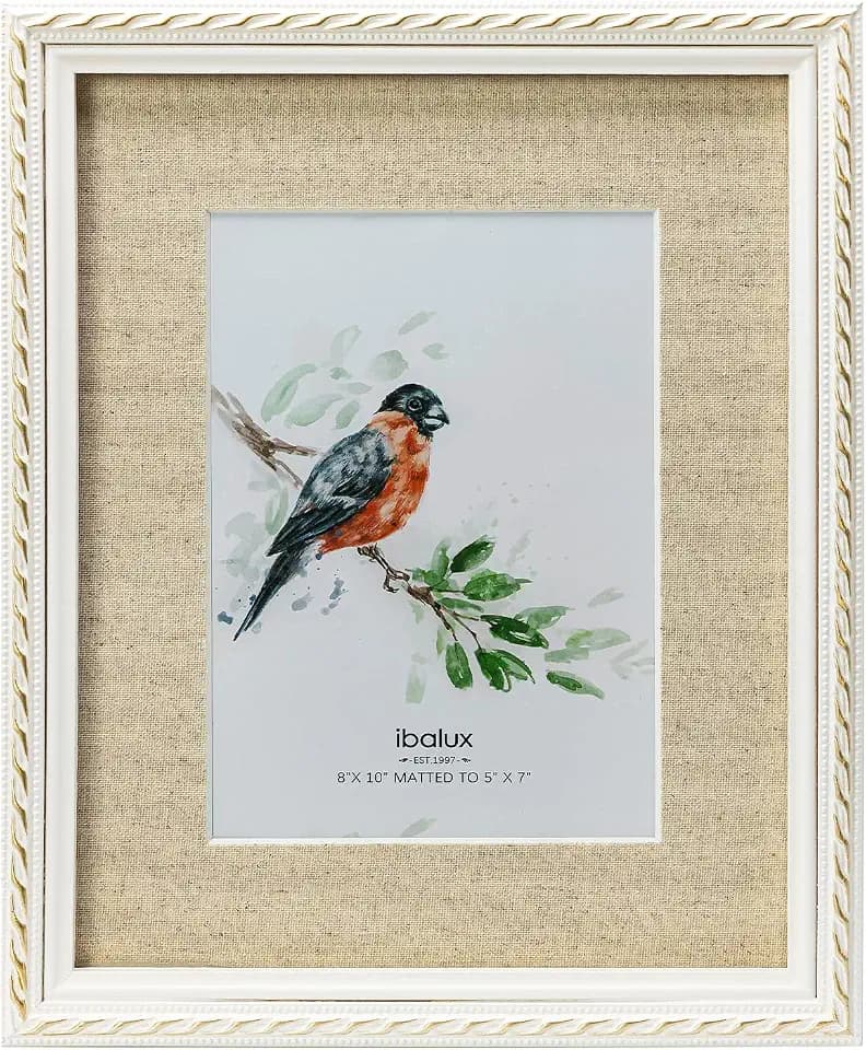 8x10 Picture Frame Pine Wood with Real Glass, Gold-Toned Synthetic Rope Edging, Linen Matted to 5x7, Vertical and Horizontal for Tabletop or Wall Hanging, White
