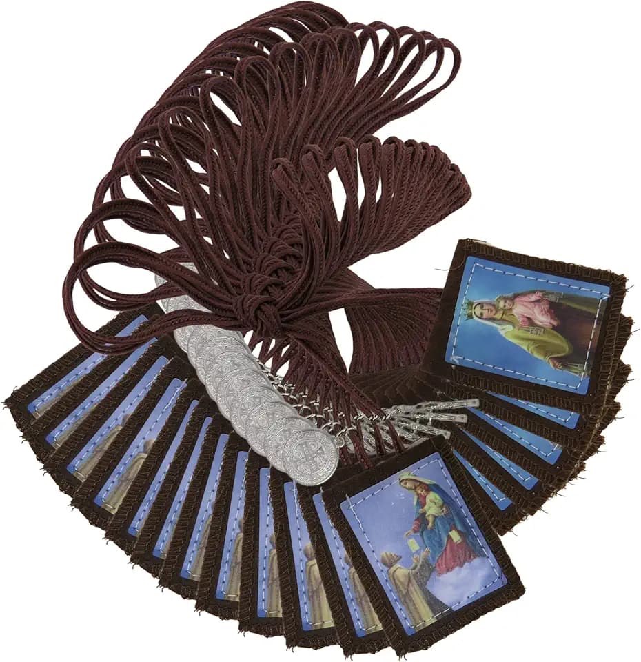 Needzo Bulk Full Color Scapulars Catholic Necklace for Men and Women, Our Lady of Mount Carmel and St Simon Stock Felt Scapular with Saint Benedict Medal and Crucifix Dangle, 24 Inches, 12 Pack