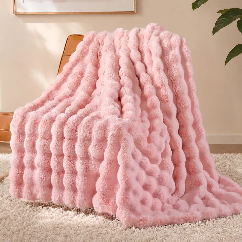 YIKUSH Faux Fur Throw Blanket, Blush Pink Bubble Blanket 50"x60"- 1100GSM