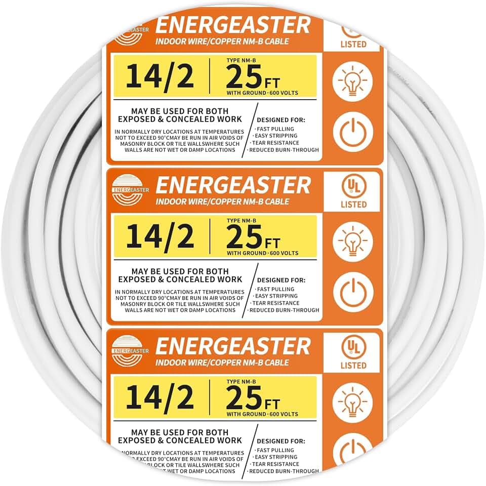 Energeaster Solid Indoor 14/2 W/G NMB Cable 25ft, Electrical Wire, White
