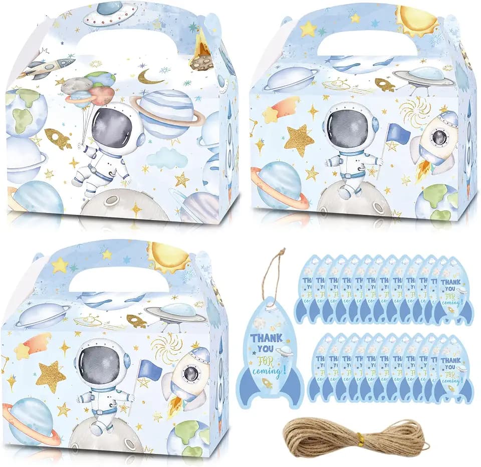 HAPPARTY 24PCS Blue Space Astronaut Party Favor Gift Boxes for Boy With Thank You Tags, First Trip Around the Sun Candy Treat Goodie Bags Boxes for Boy Birthday Baby Shower Decorations