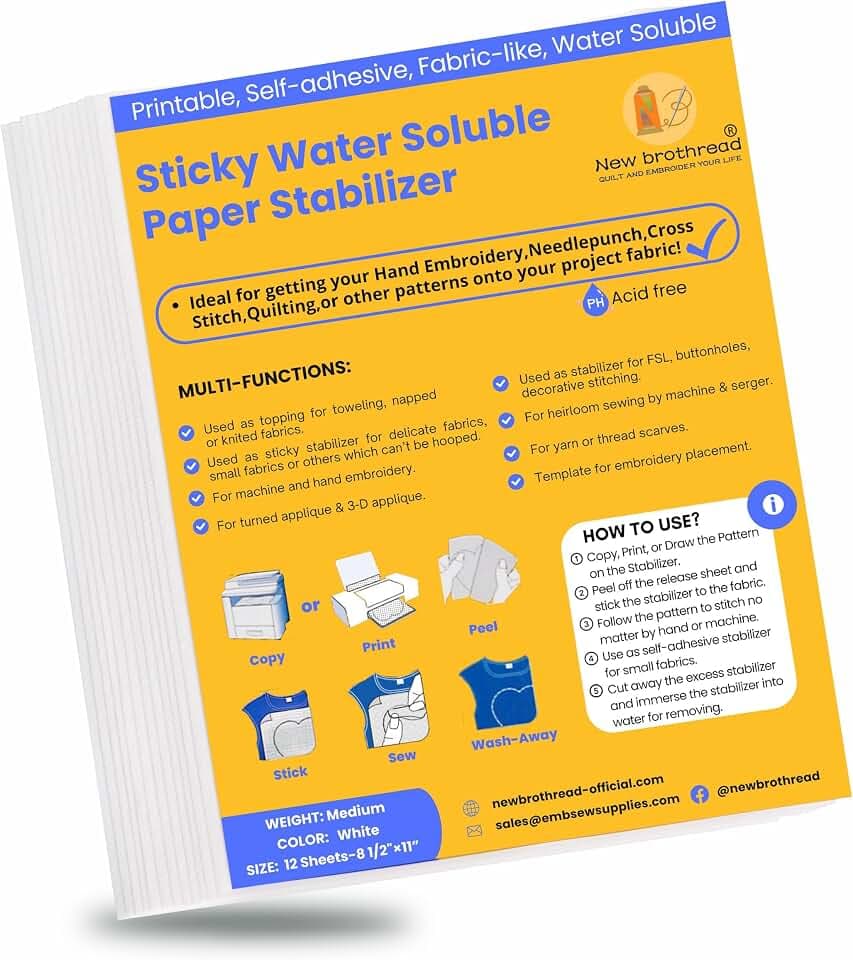 New brothread 12PCS 8.5"x11" Sticky Water Soluble Embroidery Stabilizer