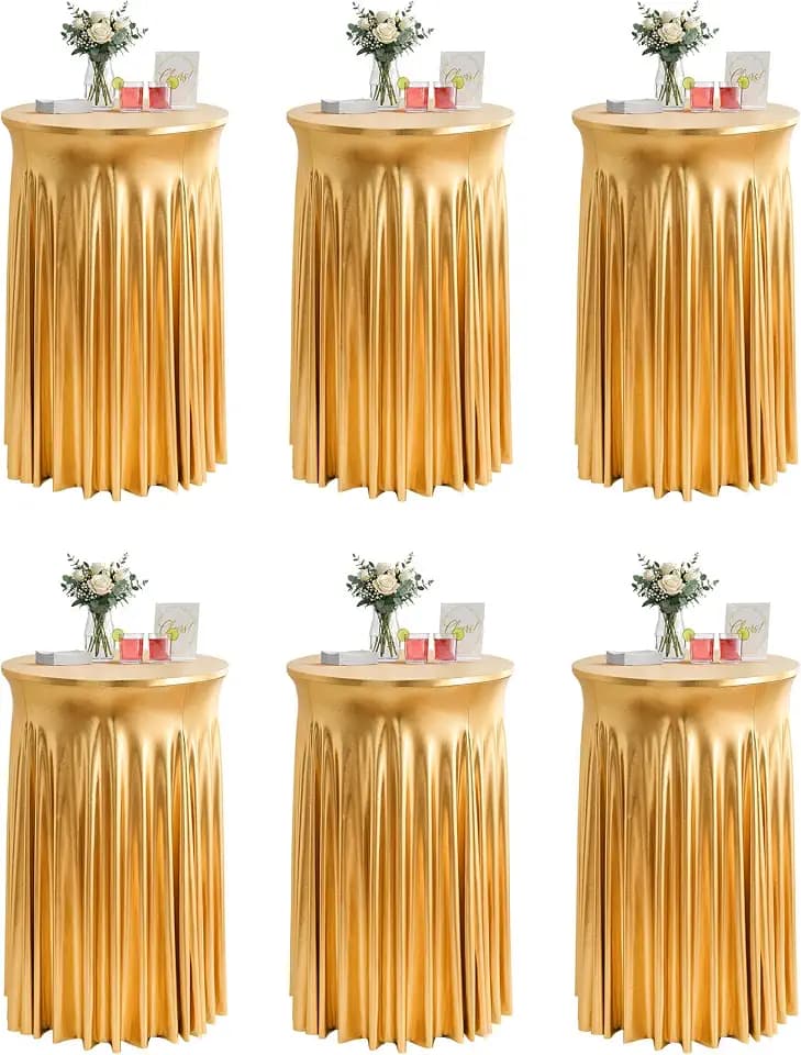 Round Spandex Cocktail Table Covers with Skirts, 32x43 Inch, Gold, 6 Pack