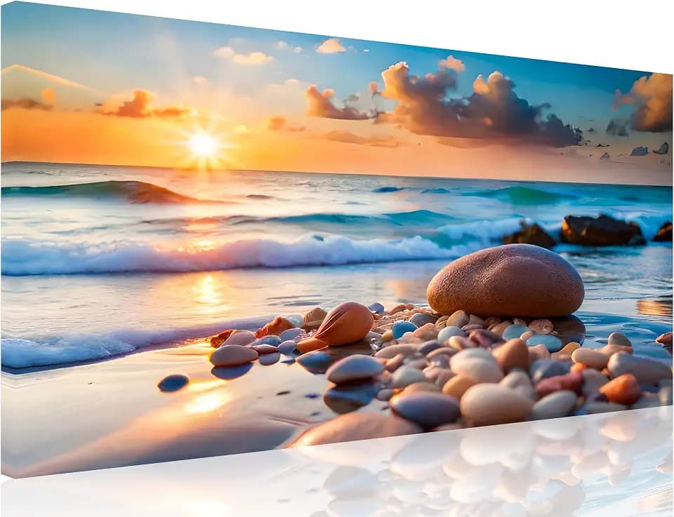 TutuBeer 1 Panel Beach Pictures Wall art Beach Pictures Blue Sea Sunset White Ocean with Stone Print on Canvas Ocean Picture Wall Decor for Home Decor Decoration Ready to Hang 16x32inch