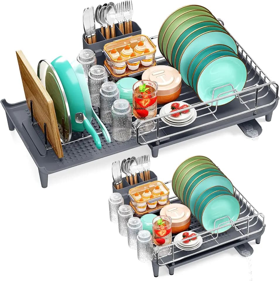 TOOLF Expandable Dish Drying Rack for Kitchen Counter, 16.7"-26.8", Gray