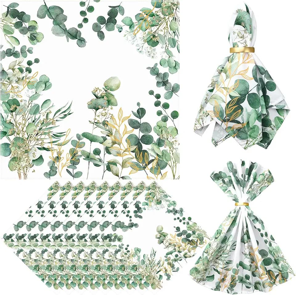 Qeeenar 12 Pcs Eucalyptus Leaf Spring Floral Cloth Napkins, 20x20 Washable