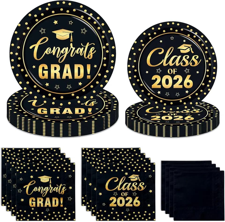 Black and Gold Graduation Paper Plates and Napkins Serve 50, Polka Dots Graduation Decorations Class of 2026 Congrats Grad Decorations for College High School Grad Party Supplies