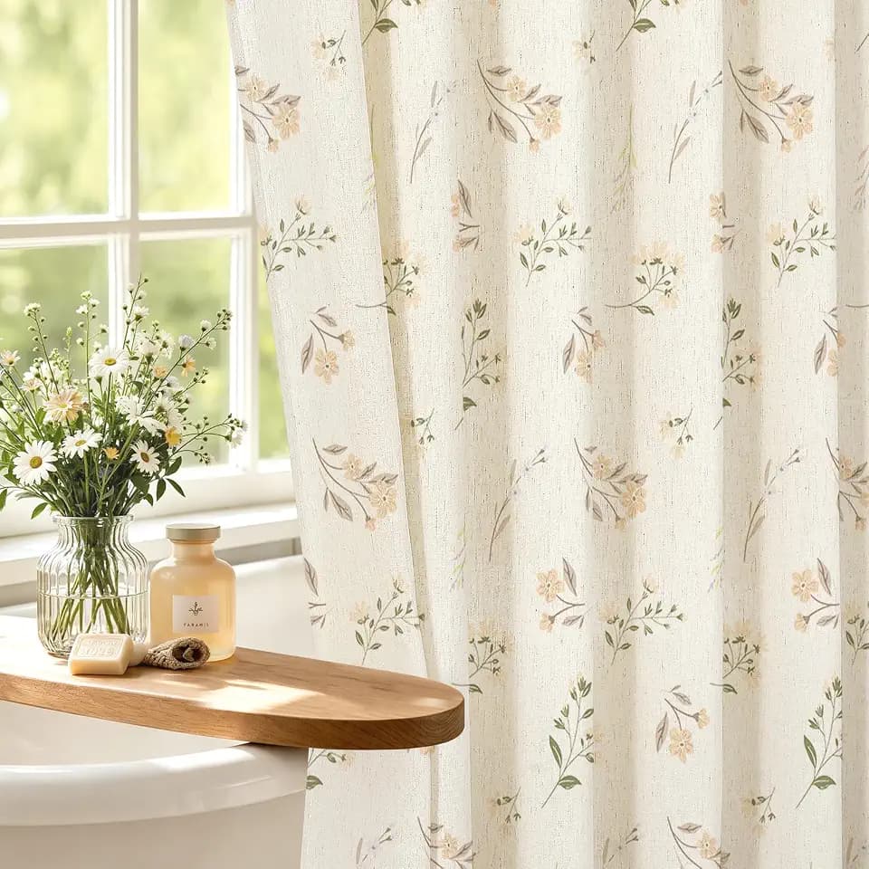 Beige Floral Linen Blend Shower Curtain, Farmhouse Bathroom Decor, 72x72