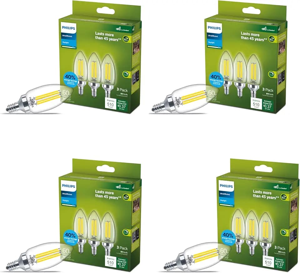 PHILIPS LED 60W B11 12-Pack Ultra Efficient Daylight (5000K) 510 Lumen (3W = 60W) Dimmable Clear Flicker-Free Candelabra Light Bulbs