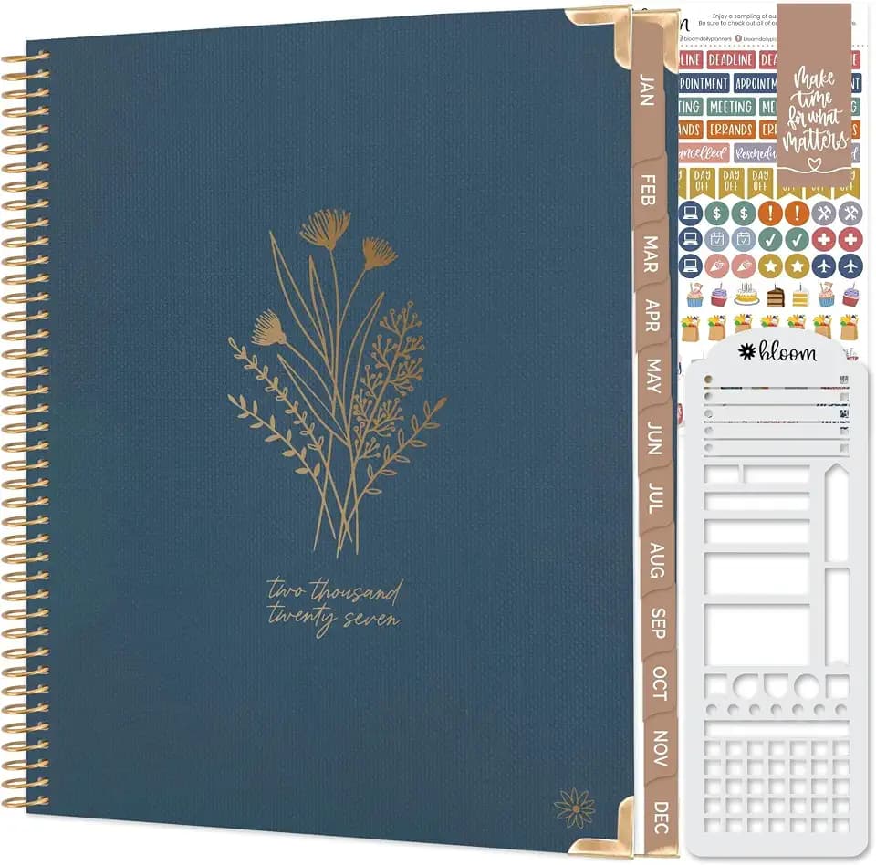 bloom daily planners 2027 HARDCOVER Planner & Stencil - 8.5” x 11" Calendar Year (January - December) Task Goal Planner for Women - Monthly & Weekly Inspirational Agenda Book with Stickers - Navy Linen