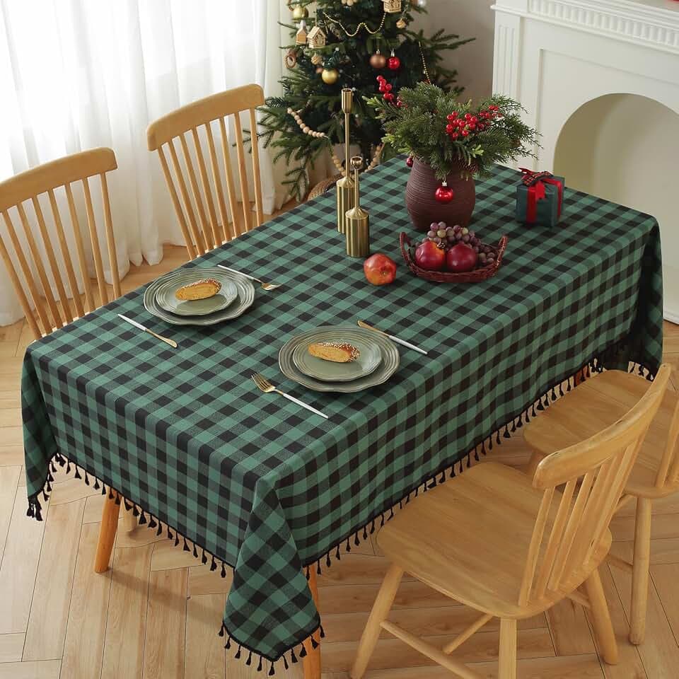 Alsoo Checkered Tablecloth Rectangle Cotton Linen Fabric Gingham Table Cloth Buffalo Plaid Table Cover with Tassel Wrinkle Free Washable for Kitchen Holiday Dining, Green and Black, 55X120''
