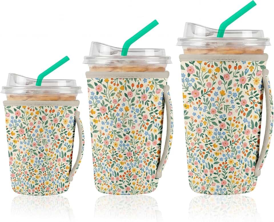 Artsocket 3 Pack Iced Coffee Sleeve with Handle, 16oz-32oz, Floral Wildflower Cottagecore