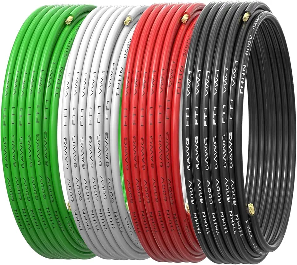6 AWG Gauge THHN Stranded Copper Wire - 6 AWG Black, Red, White with 8 AWG Green Ground Copper Wire Rated up to 600V Building Wire for Residential, Commercial, Industrial, HVAC Systems (25FT)