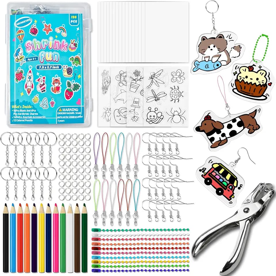 198Pcs Shrinky Paper Keychain Kit,20 Shrinky Plastic Sheets,Shrinky Art