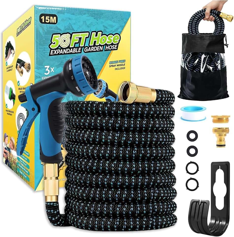 Flexibler Gartenschlauch 15m, Ausziehbare Garten Schlauch, Leichter Flexibler Garden Hose mit 10 Funktions Brause, 3/4" und 1/2" Zoll Messinganschlüssen, für Gartenarbeit, Waschen und Gießen(15M/50ft)