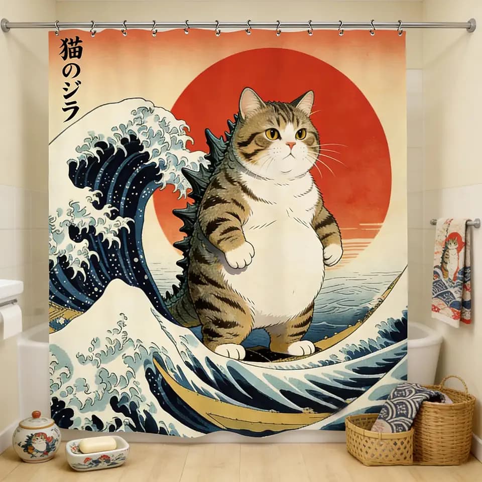 Funny Cat Wave Bathroom Shower Curtain 60W by 71H Inch Japanese Sea Ocean Hilarious Anime Animal Sunset Polyester Fabric 12 Plastic Hooks Waterproof Decor
