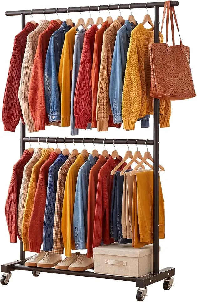 Sywhitta Double Rod Metal Clothing Garment Rack on Wheels, Black