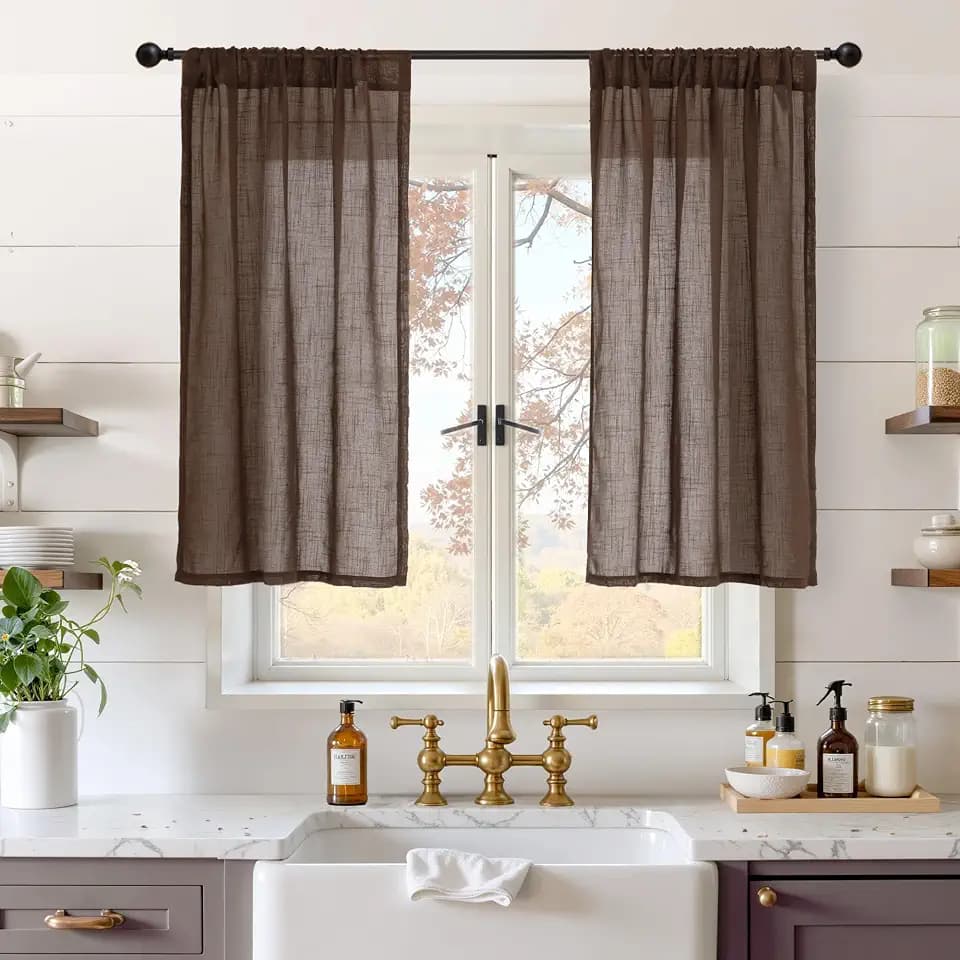 BGment Brown Linen Kitchen Curtains 40 Inch Length, Small Semi Sheer Drapes Textured for Cafe Window Over Sink Bathroom Decor Lightweight Rod Pocket, 2 Panels Set, Each 30 Inch Wide