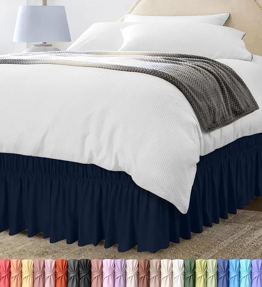 Wrap Around King Bed Skirt, Easy Fit Elastic Belt, 16 Inch Drop, Navy