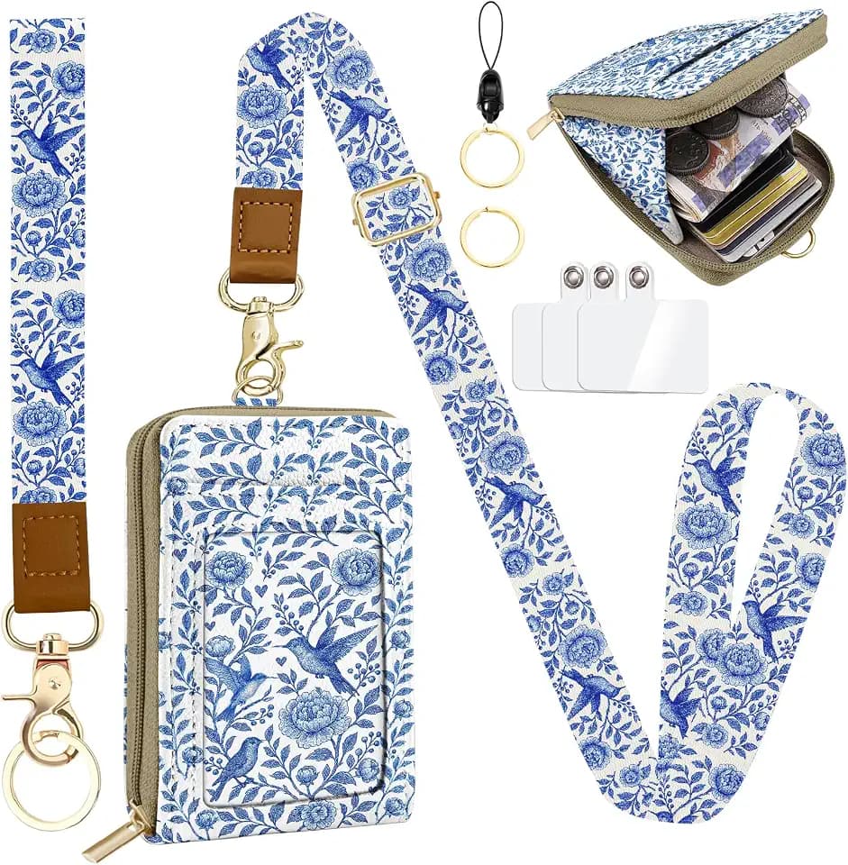 Lanyards for Id Badges,RFID Leather Lanyard Wallet,ID Badge Holder with Zipper Pocket Keychain Wallets Breakaway Wrist & Neck Lanyards for Worker Teacher Student Nurse, Hummingbird
